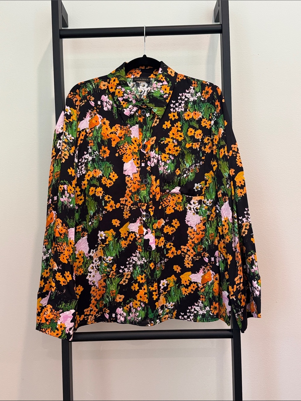 STINE GOYA Black Floral Button-Front Blouse with Orange, Pink & Green Print